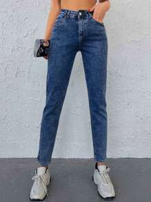 EURMUSE 98%Cotton Solid Slant Pocket Mom Fit Jeans - Blue - View 4