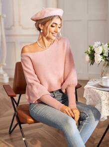 Aveloria 纯色蝙蝠袖针织套头衫，适合秋冬季穿着 - 粉色 - 查看 1