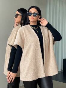 SHEIN Essnce Plus Batwing Sleeve Open Front Teddy Coat Without Knit Top - Apricot - View 6