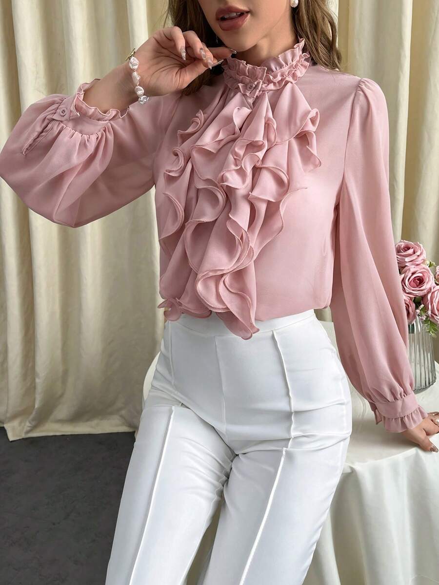 SHEIN Privé Frill Neck Ruffle Trim Lantern Sleeve Blouse - Pink - View 1