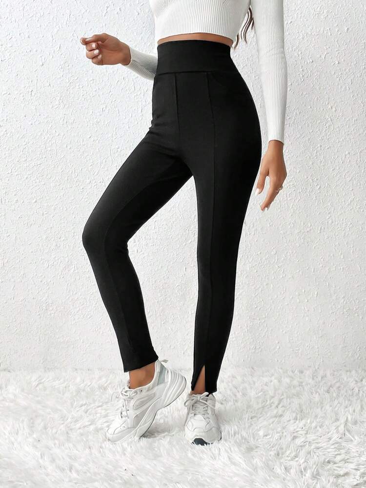 Solid Split Hem Leggings Black