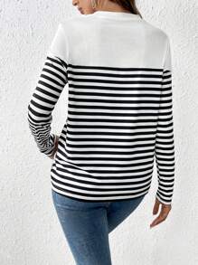 SHEIN Frenchy Striped Heart Embroidery Round Neck Tee Casual Spring Valentine's Day - Multicolor - View 2