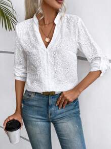 Calvaya Eyelet Embroidery Roll Up Sleeve Notched Neckline Shirt,Long Sleeve Tops Fall Cloth For Women - White - View 3