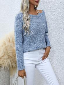 SHEIN LUNE 鏈條細節不對稱領口落肩毛衣 - 淺藍色 - 查看 5