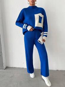 EURMUSE Pull À Blocs De Couleurs À Col Montant Épaule tombante & Pantalon En Tricot - Bleu azur - Voir 5