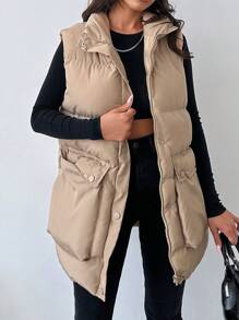 EURMUSE Flap Pocket Puffer Vest Coat - Apricot - View 1