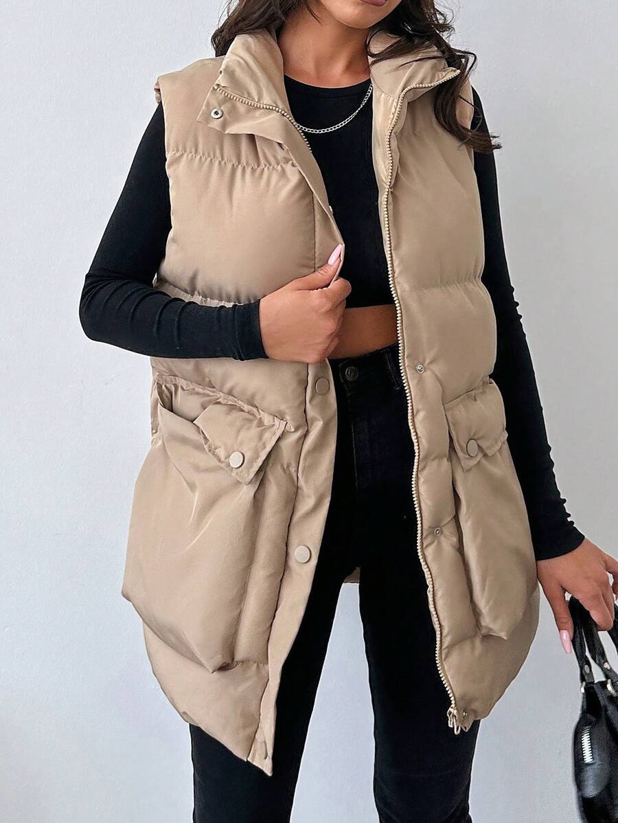 EURMUSE Flap Pocket Puffer Vest Coat - Apricot - View 1