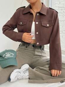 SHEIN EZwear Cazadora crop con diseño de solapa - Marrón - Ver 1