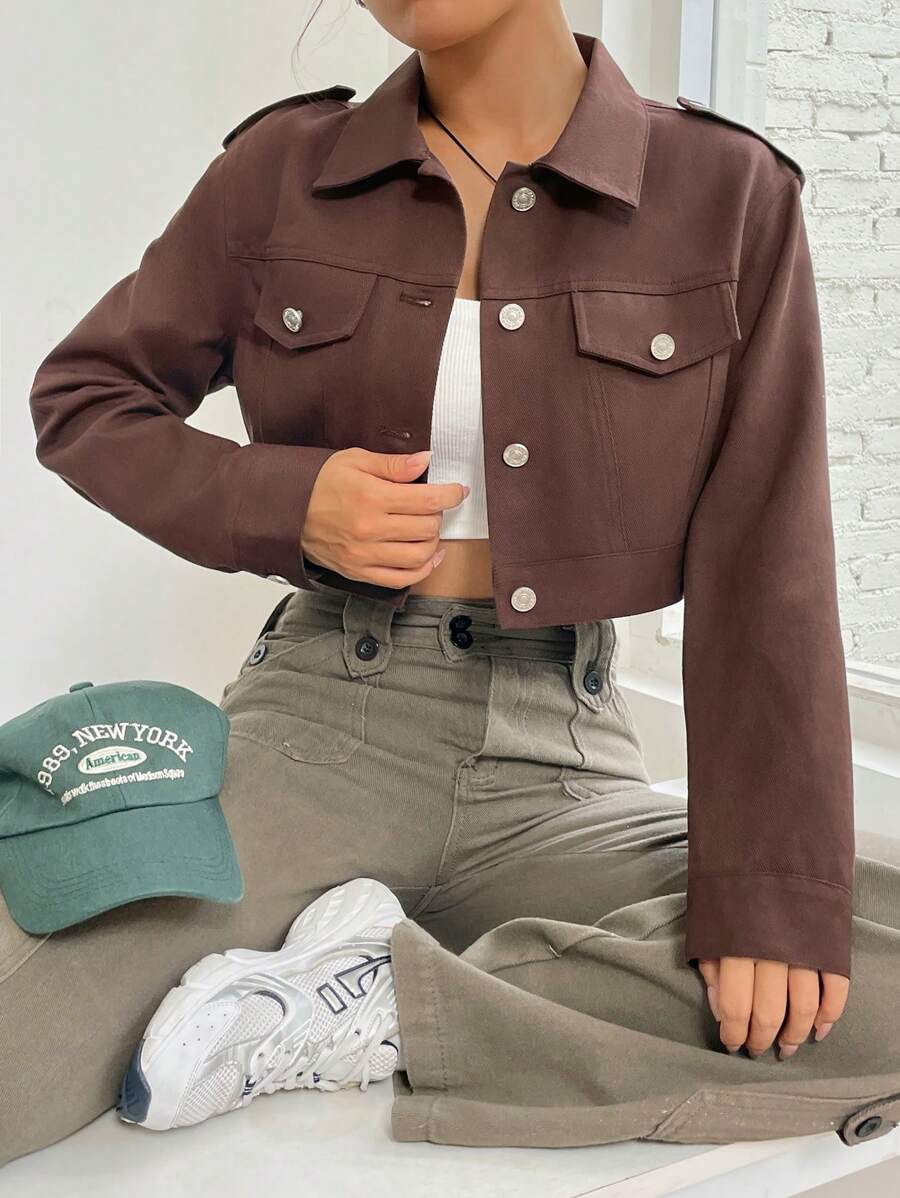SHEIN EZwear Cazadora crop con diseño de solapa - Marrón - Ver 1