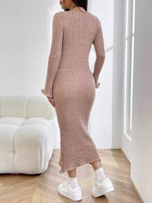 SHEIN EZwear Vestido de punto unicolor tejido de canalé - Marrón - Ver 2