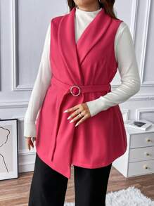 Flirla Plus Shawl Collar Belted Vest Overcoat - Hot Pink - View 5