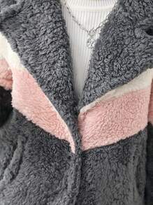 SHEIN Cô gái Tween Khối màu Túi Kép Cổ áo Áo khoác Teddy - Xám - Xem 6