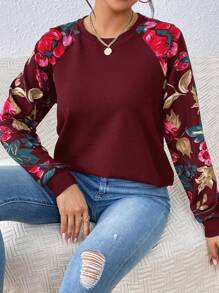 SHEIN LUNE Floral Print Raglan Sleeve Sweatshirt In Fall/Winter - Burgundy - View 5