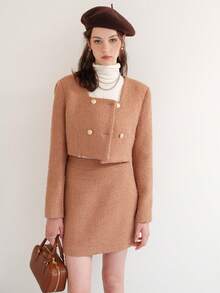 Solid Color Double-Breasted Square Collar Elegant Short Long Sleeve Jacket - Camel - View 6