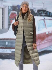 SHEIN LUNE Abrigo largo sin mangas liso para el invierno, uso diario casual - Verde militar - View 5