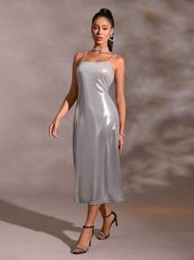 SHEIN BAE 純色吊帶洋裝 - 銀色 - 查看 4