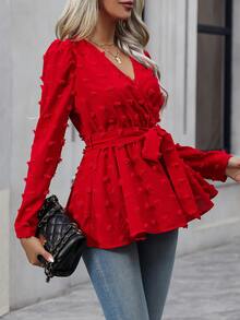 SHEIN Clasi Swiss Dot Surplice Neck Belted Blouse - Red - View 3