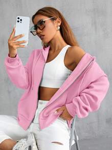 SHEIN Unity Dây kéo Thả vai Dây rút Lót nhiệt Hoodie - Hồng - Xem 1
