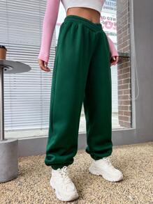 SHEIN Unity 純色鬆緊腰斜袋運動褲 - 墨綠色 - 查看 3