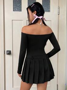 SHEIN MOD 露肩褶皺前褶裙擺洋裝 - 黑色 - 查看 2