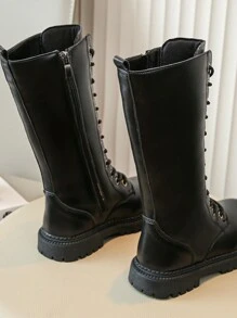 雙兒童冬季靴子適合女孩和男孩，2023 年新款公主風格小女孩高幫及膝靴 - 黑色 - 查看 3