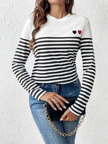 SHEIN Frenchy Striped Heart Embroidery Round Neck Tee Casual Spring Valentine's Day - Multicolor - View 1