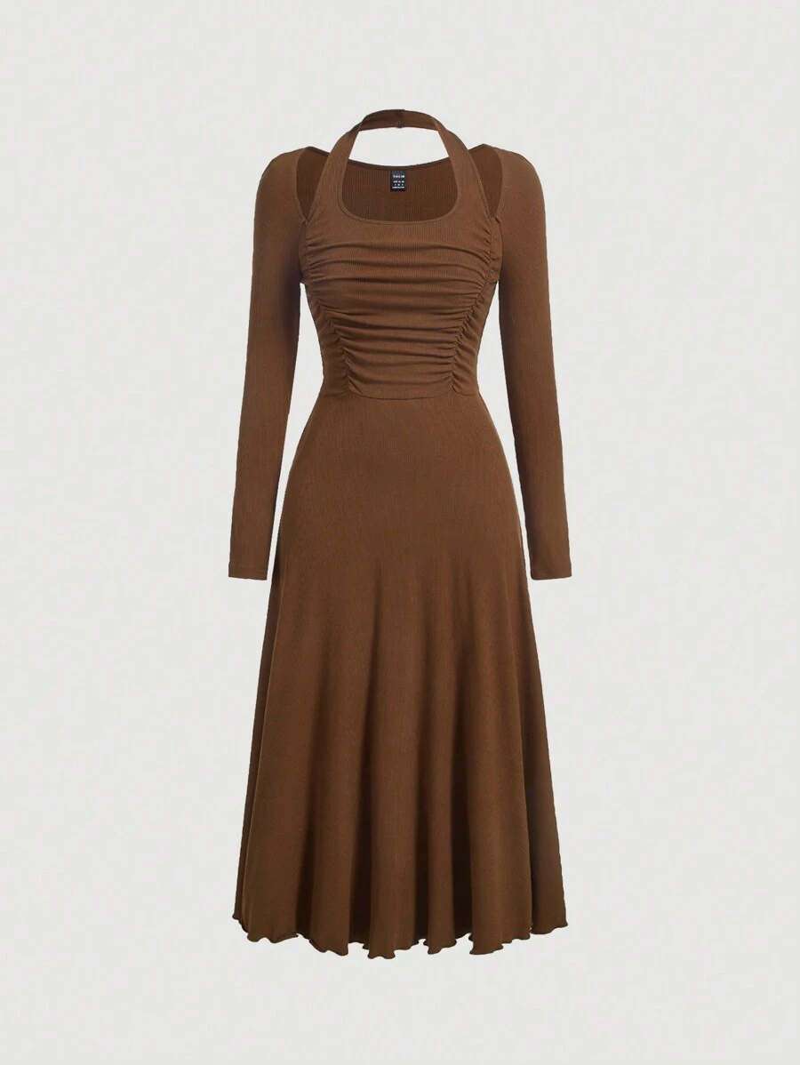 SHEIN MOD 挂脖长袖休闲褶饰连衣裙 - 棕色 - 查看 1