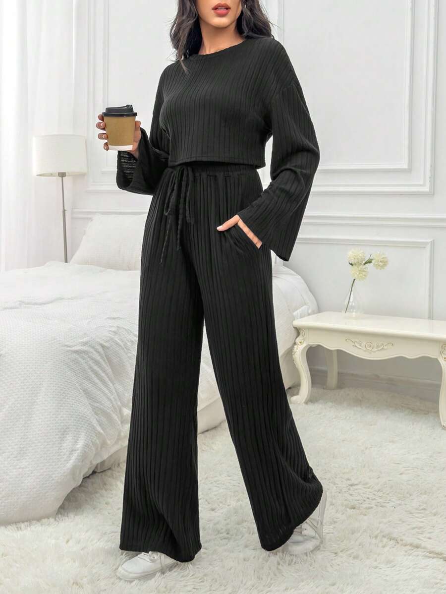 SHEIN EZwear Áo thun trễ vai & quần ống rộng eo dây rút - màu đen - Xem 1
