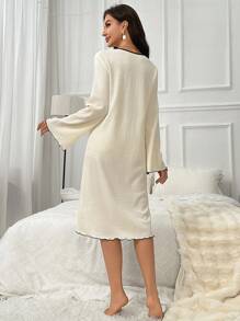 Contrast Binding Button Front Pajama Nightdress - Apricot - View 2