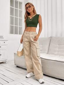 SHEIN EZwear Notched Neckline Contrast Trim Crop Tee - Army Green - View 4