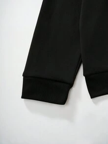 Men Plus Slogan & Angel Print Kangaroo Pocket Drawstring Thermal Hoodie - Black - View 6