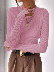 BizChic Mock Neck Split Cuff Ribbed Knit Sweater - Pink - View 5