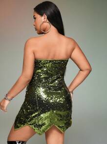 SHEIN ICON Plus Asymmetrical Hem Sequin Tube Dress - Green - View 5