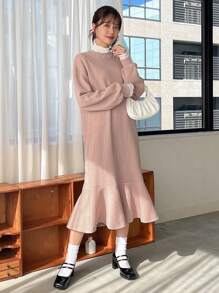 FRIFUL Solid Ruffle Hem Smock Dress,Fall Clothes - Khaki - View 4