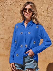 SHEIN Cottnline Eye Embroidery Button Front Drop Shoulder Shirt - Royal Blue - View 4