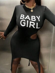 Slaydiva 字母圖案鏤空修身洋裝 - 黑色 - 查看 3