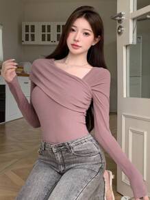 DAZY Áo thun dài tay dáng suông Bardot xếp ly, thích hợp mặc đi chơi mùa thu cho nữ. - Màu tím - Xem 8