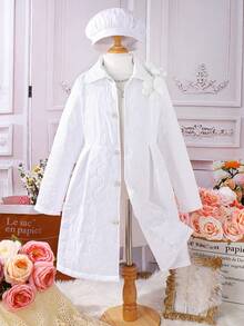 SHEIN Tween Girl Solid Button Up Coat With Hat - White - View 3
