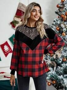 SHEIN Maternity Buffalo Plaid Print Contrast Sequin Drop Shoulder Sweatshirt, For Winter