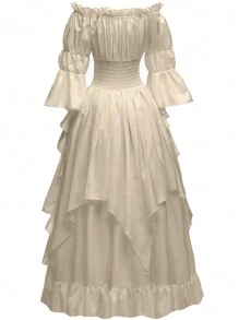 Medieval Style Women's Solid Color Off Shoulder Flared Sleeve Ruched Waist Maxi Elegant Dress Spring - Champagne - View 6