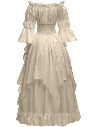 Medieval Style Women's Solid Color Off Shoulder Flared Sleeve Ruched Waist Maxi Elegant Dress
