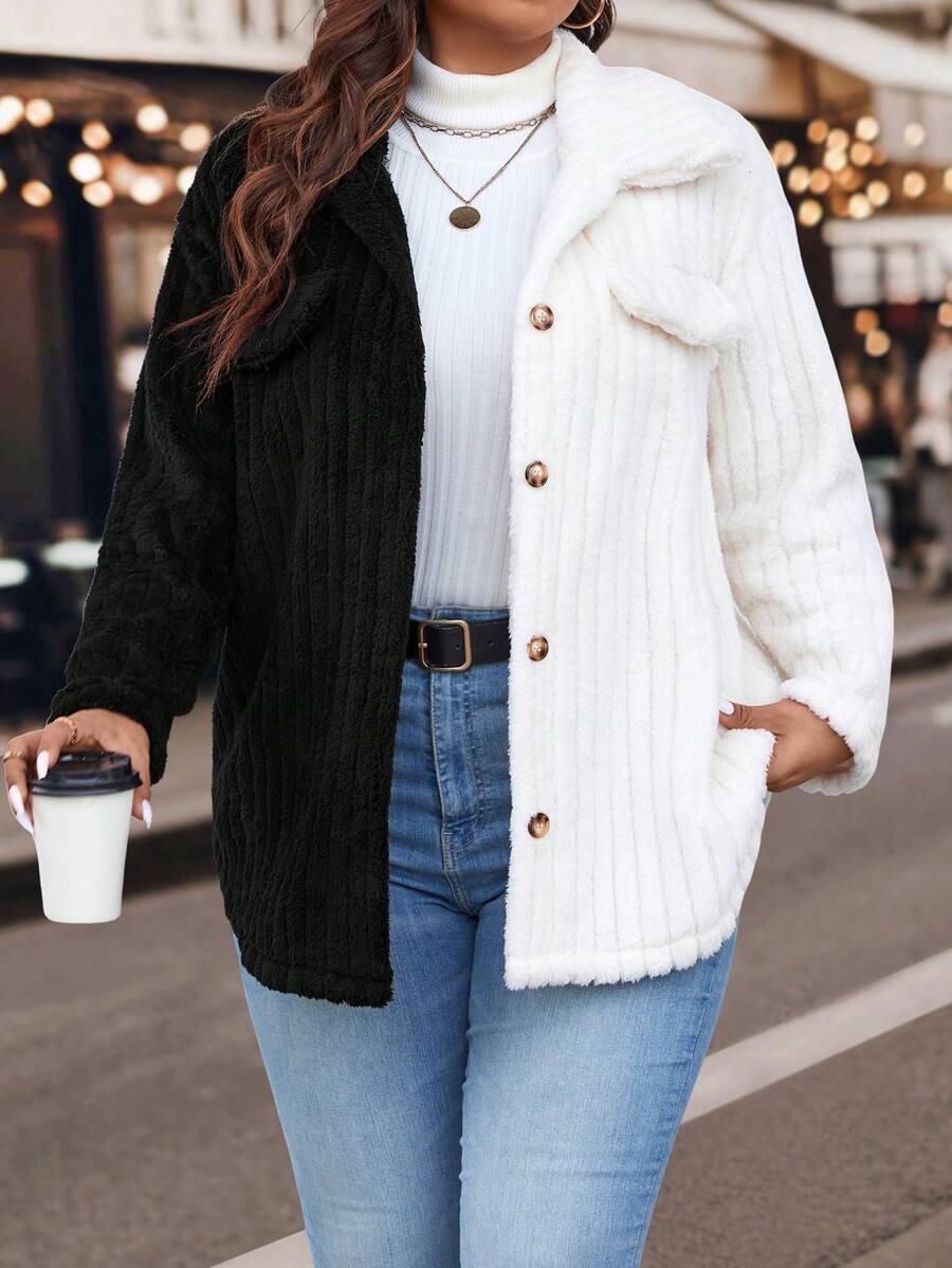 Calvaya Plus Christmas Two Tone Flap Detail Teddy Coat - Multicolor - View 1