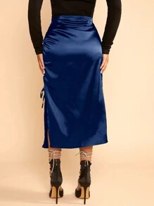 SHEIN Maternity High Waist Drawstring Split Thigh Satin Skirt - Navy Blue - View 2