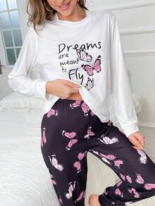 蝴蝶和標語圖案睡衣套裝 - 白色 - 查看 6