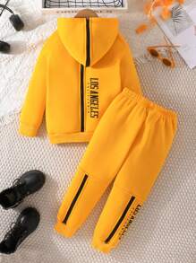 SHEIN 女小童字母圖案拉鏈連帽衫和運動褲 - 黃色 - 查看 1
