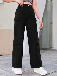 SHEIN 少女三層口式口袋側面插袋裝扣牛仔褲 - 黑色 - 查看 4