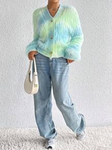 SHEIN Qutie Ombre Fluffy Knit Drop Shoulder Cardigan - Blue - View 6