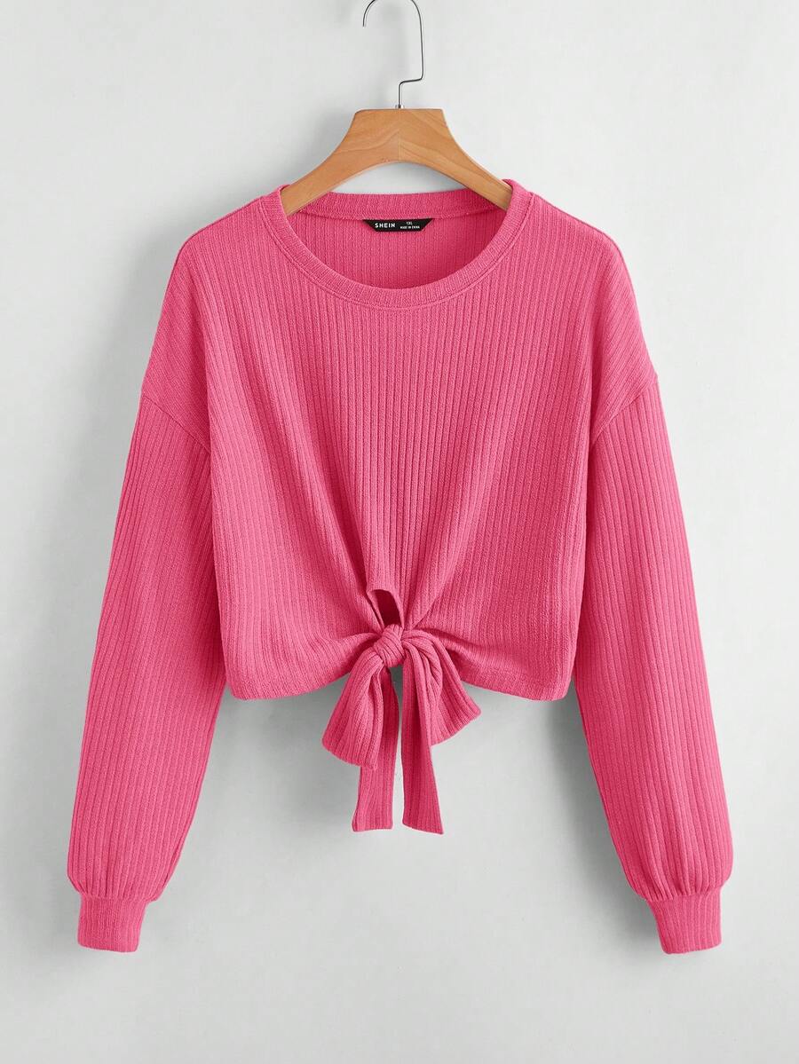SHEIN EZwear Hơn Thả vai Nút viền Áo thun - Màu Hồng Tươi - Xem 1