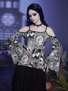 Corpse Bride | ROMWE Figure & Letter Graphic Cold Shoulder Trumpet Sleeve Tee - Black - View 3