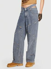 ROMWE MEN Grunge Punk Men Brushed Hollow Out Waist Straight Leg Jeans - Blue - View 4